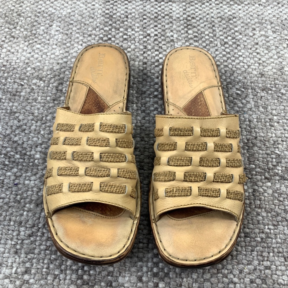 Born Drilles B-2085 Tan Leather Woven Slide Sandals Comfort Mules Women Size 10